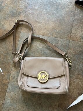 Michael Kors Taupe Pebbled Leather Crossbody with Gold MK Medallion
